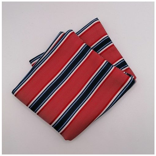 Piros alapon sötétkék, kék és fehér csíkos selyem díszzsebkendő