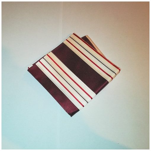 Bordó alapon fehér, piros és fekete csíkos selyem díszzsebkendő