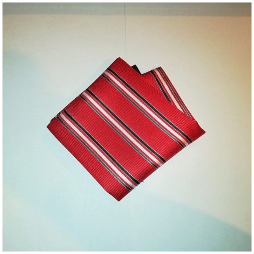 Piros alapon fehér, szürke és sötétszürke csíkos selyem díszzsebkendő