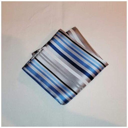 Ezüstszürke alapon kék, sötétkék és fekete csíkos selyem díszzsebkendő