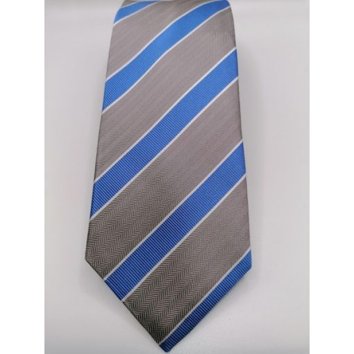 Szürke alapon kék és fehér csíkos selyem nyakkendő
