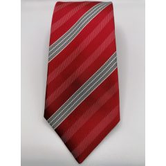   Piros alapon fehér és sötétszürke csíkos selyem nyakkendő