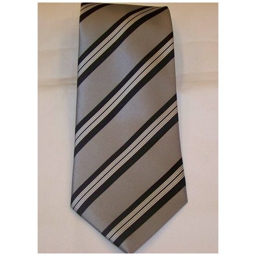 Szürke alapon fehér és fekete csíkos selyem nyakkendő