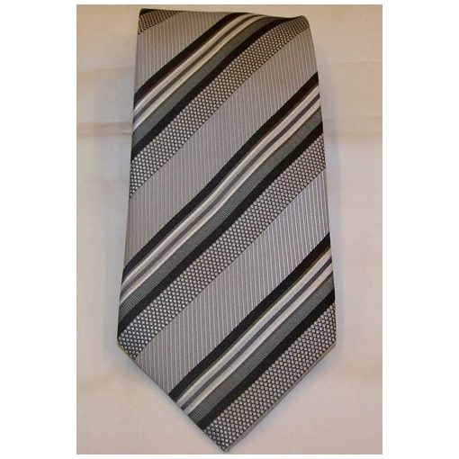 Szürke alapon sötétszürke és fekete csíkos selyem nyakkendő