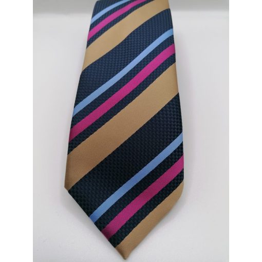 Sötétkék alapon barna, kék és pink csíkos selyem nyakkendő