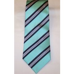  Türkízzöld alapon sötétkék és fehér csíkos selyem nyakkendő