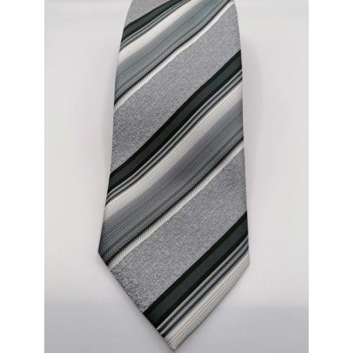 Szürke alapon világosszürke, fekete és fehér csíkos selyem nyakkendő
