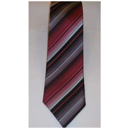 Fekete alapon piros, bordó, szürke és fehér csíkos selyem nyakkendő