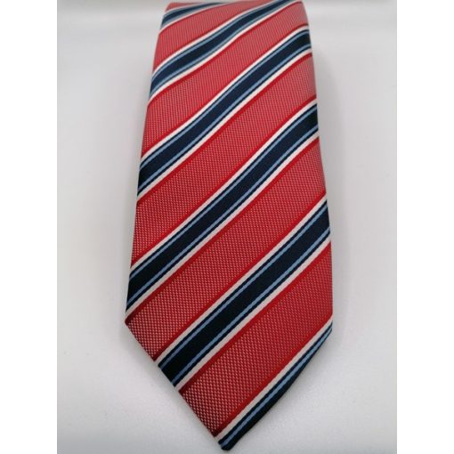 Piros alapon sötétkék, kék és fehér csíkos selyem nyakkendő