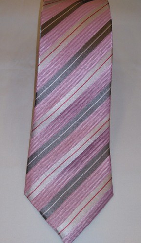 Rózsaszín alapon piros, szürke és krémszínű csíkos selyem nyakkendő