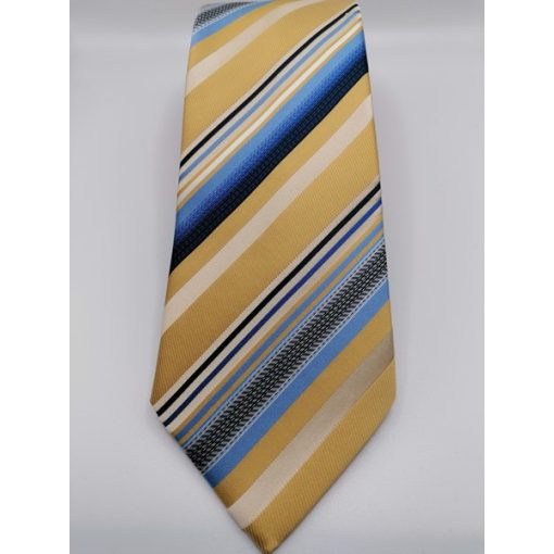 Barna alapon ekrü, kék és sötétkék csíkos selyem nyakkendő