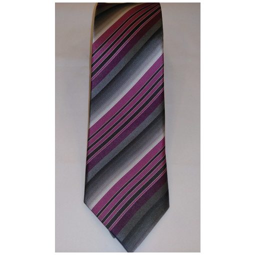 Szürke alapon ciklámenlila és sötétszürke csíkos selyem nyakkendő