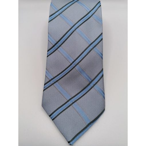 Szürke alapon kék és fekete mintás selyem nyakkendő