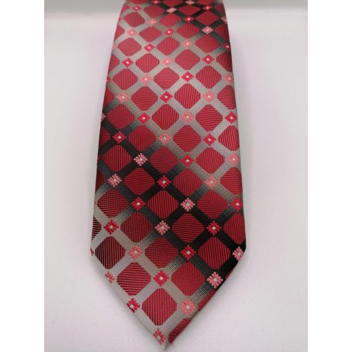 Bordó alapon szürke, rózsaszín piros és fehér mintás selyem nyakkendő