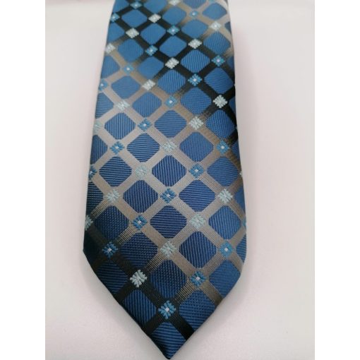 Kék alapon szürke, világoskék és kék mintás selyem nyakkendő
