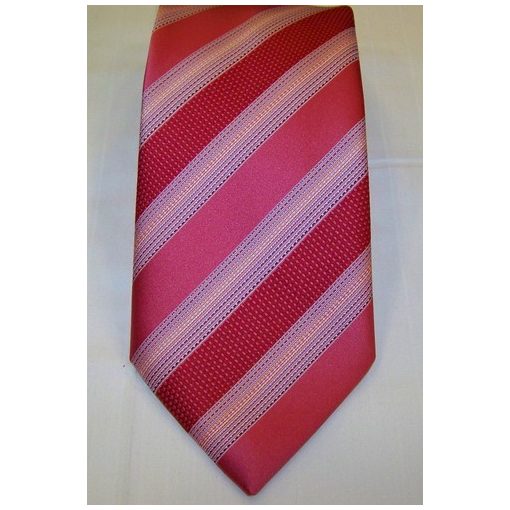 Rózsaszínes piros alapon kék, sárga és bordó mintás selyem nyakkendő