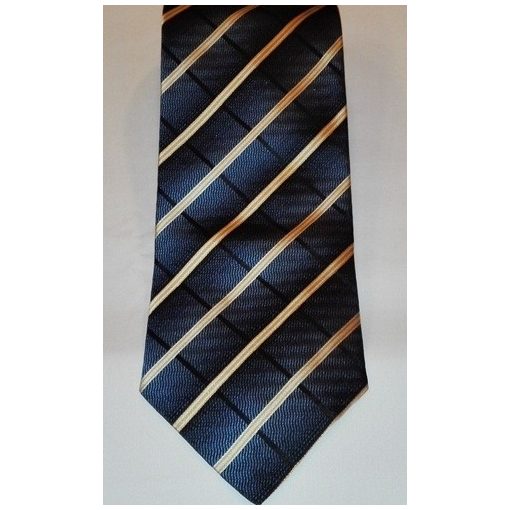 Sötétkék alapon krémszínű és fekete csíkos selyem nyakkendő